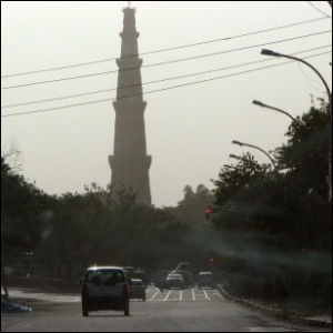 Qutub Minar seen from far in Delhi, India, 2007