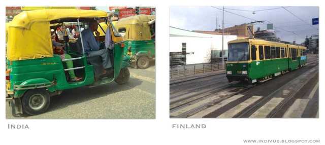 Suomalainen raitiovaunu ja intialainen riksa Suomalainen raitiovaunu ja intialainen riksa