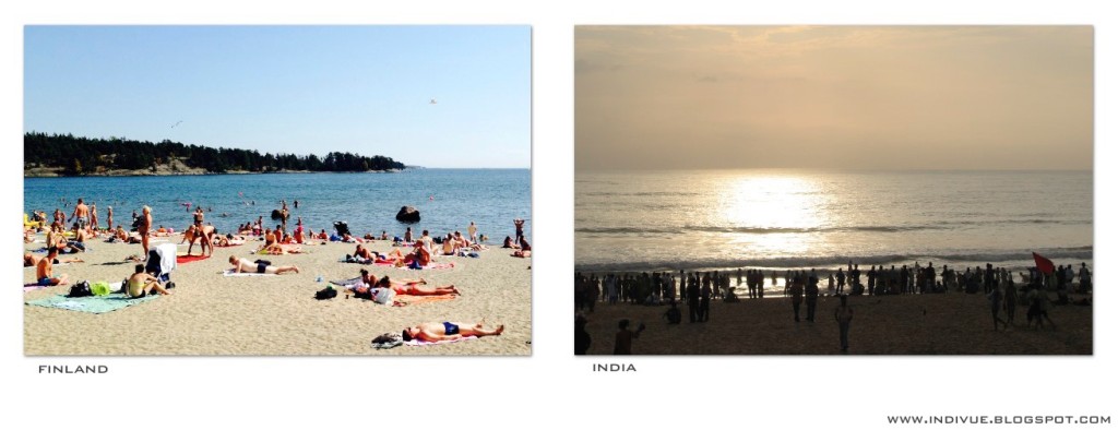 People on the beach in Finland and in India