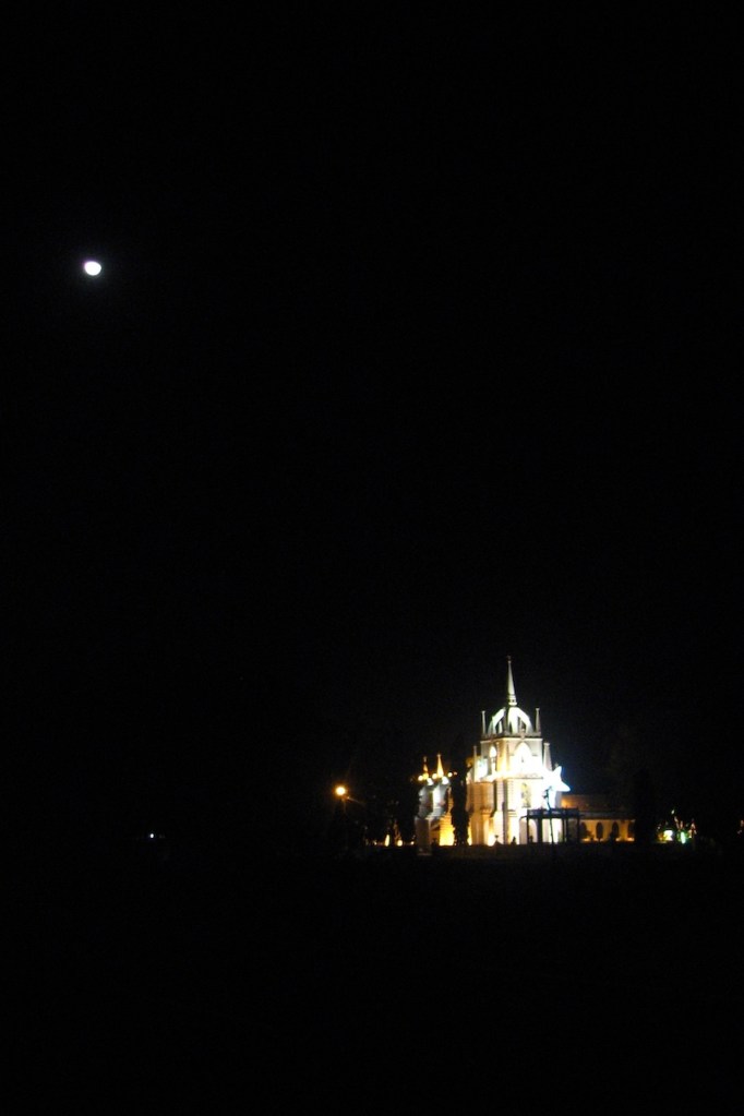 Goan church with moon and Christmas lights