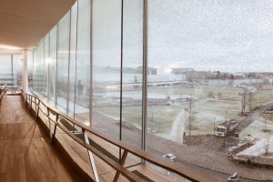 View outside of Oodi library towards Finlandia house in Helsinki centre