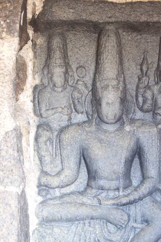 Images of Gods carved in stone inside the Shore Temple in Mahabalipuram, India