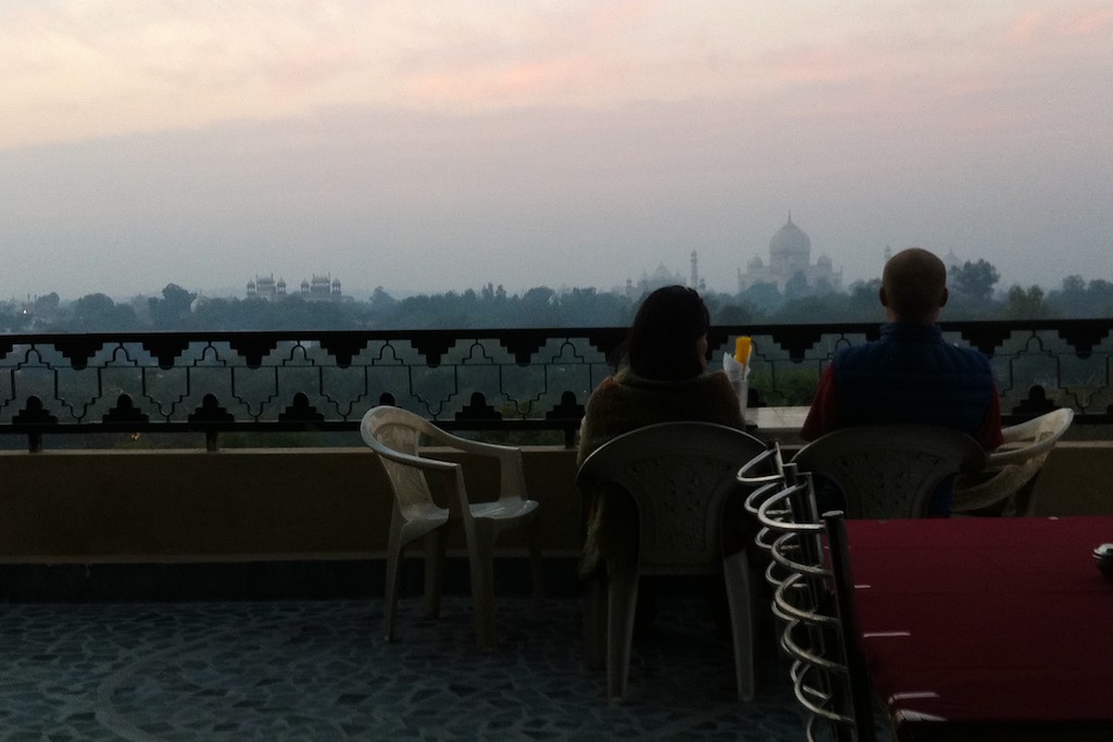 Hotel balcony with view of Taj Mahal in Agra, India