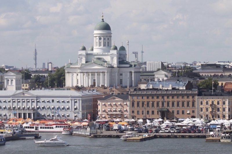 Helsinki Market Square and the cathedral, view from the sea on a sunny day
