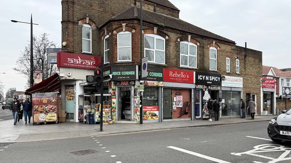 Shops and vegetarian Indian restaurant in Southall, London